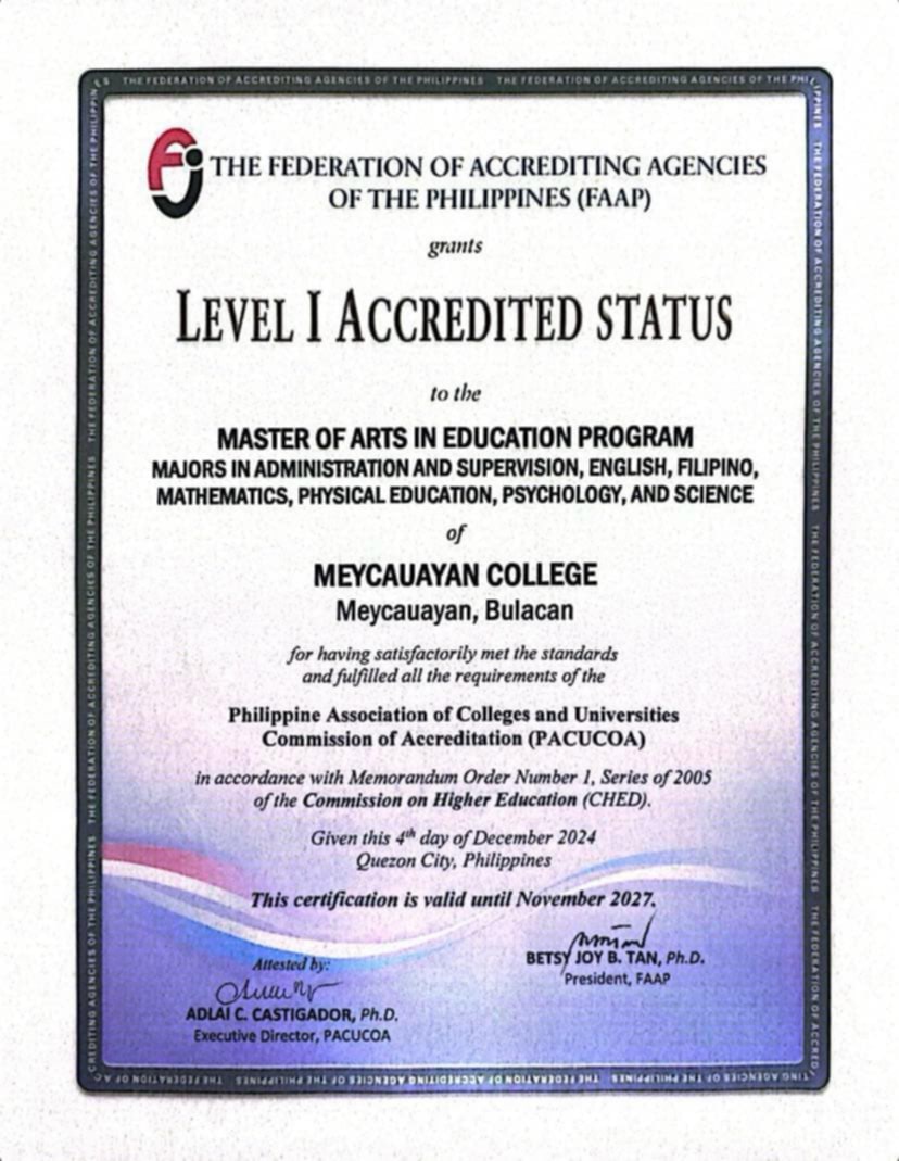 The MC Graduate School Department gains PACUCOA LEVEL 1 Accredited Status