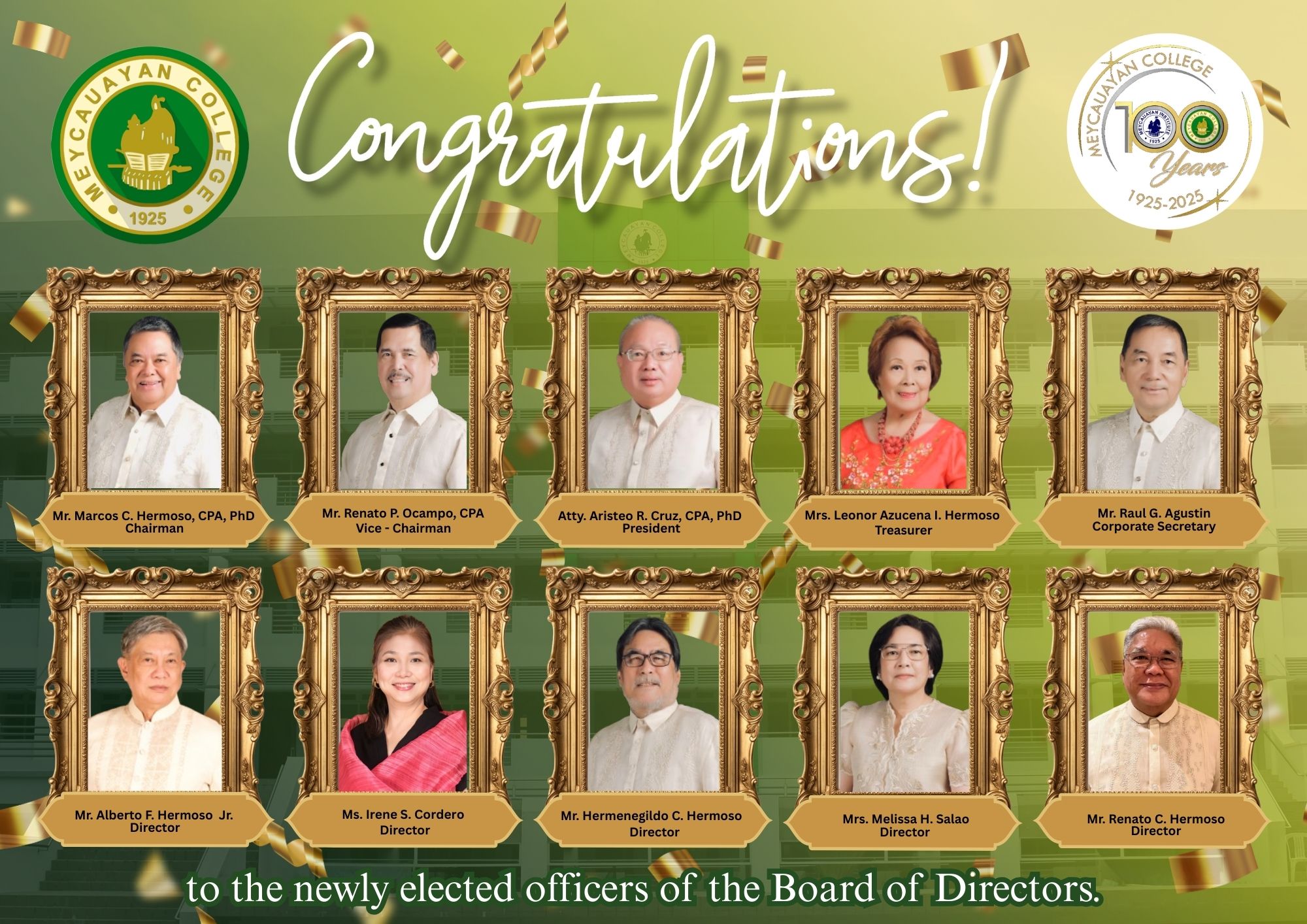 Meet the Newly Elected Officers of the Board of Directors of Meycauayan College, Inc.