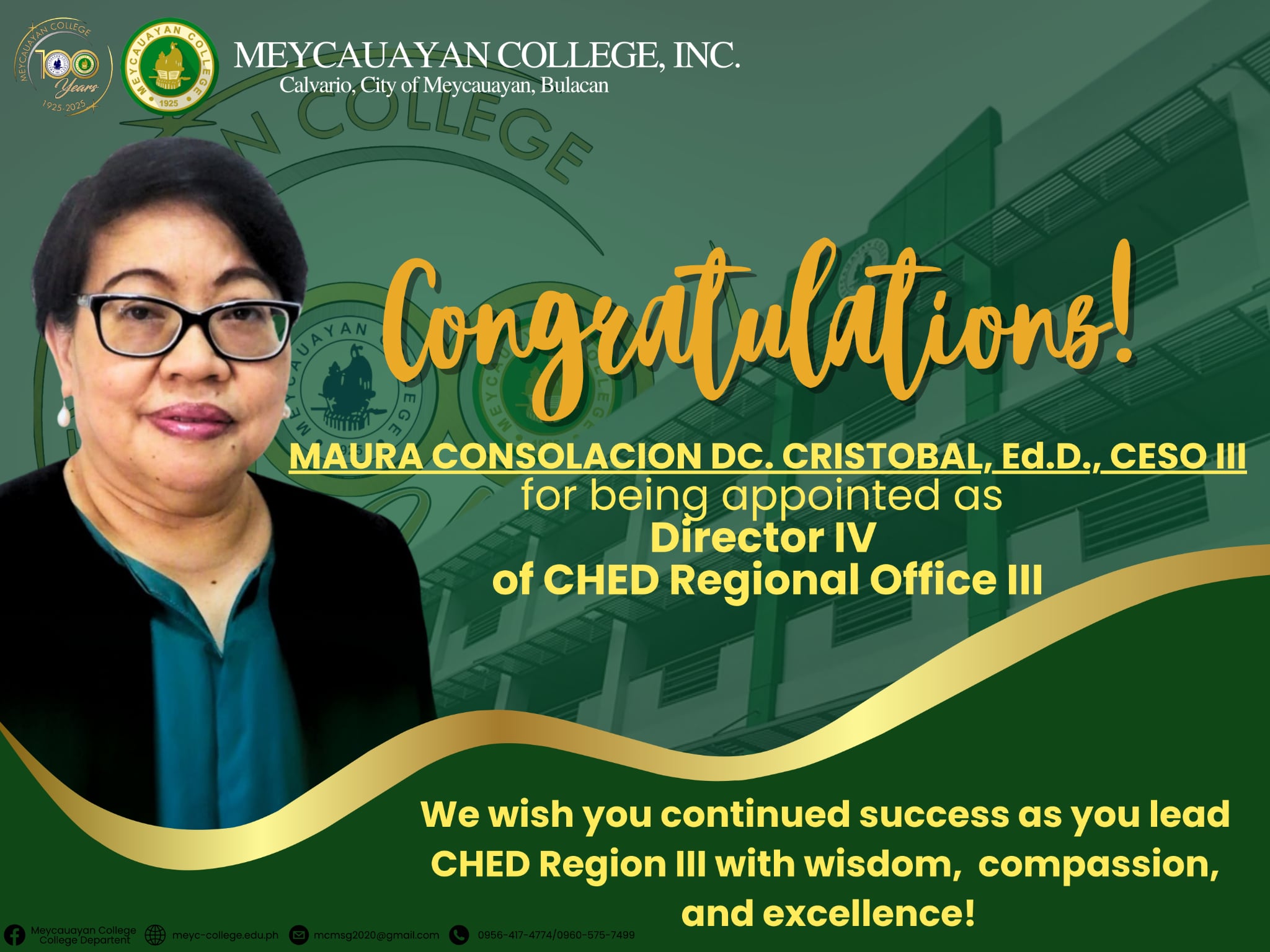 Meycauayan College, Inc. Extends Heartfelt Congratulations to Dr. Maura Consolacion D. Cristobal on her Appointment as Director IV of CHED Region III