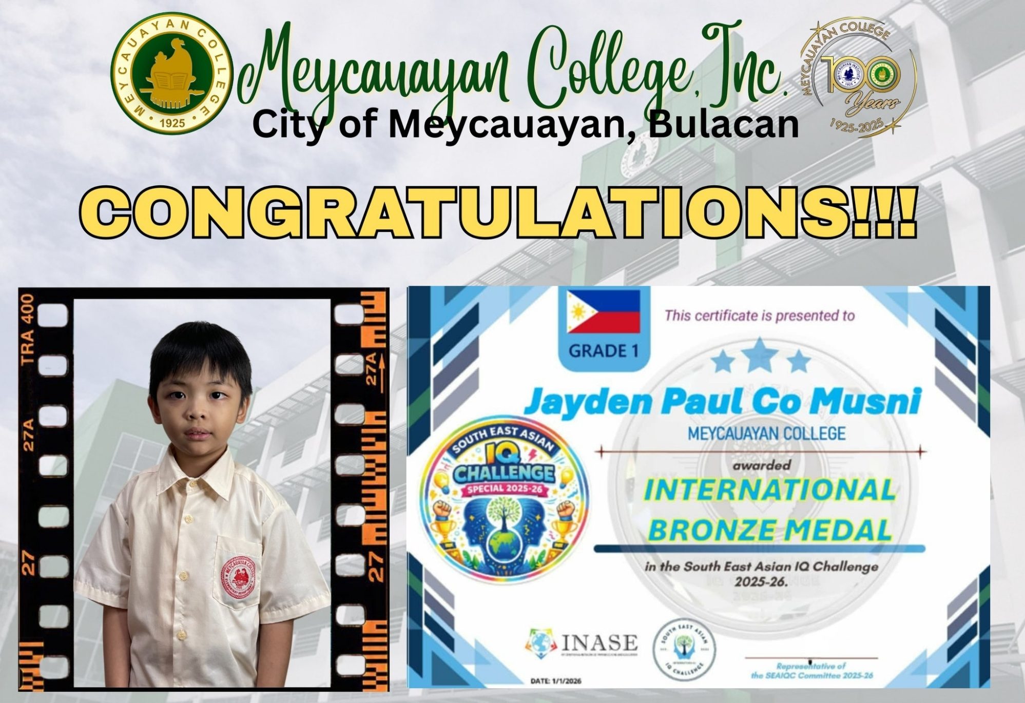Meycauayan College is Proud of Grade 1’s Jayden Musni – SEA IQ Bronze Winner